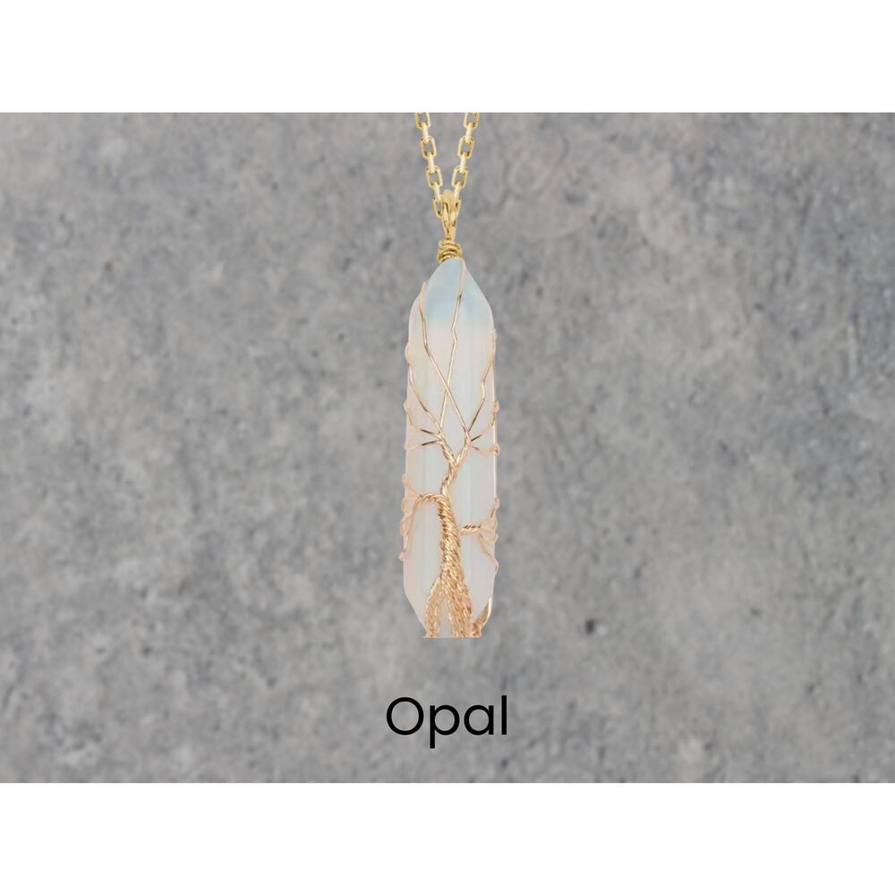 Opal Gold Tree of Life Crystal Wrapped Necklace Boho Fairycore
